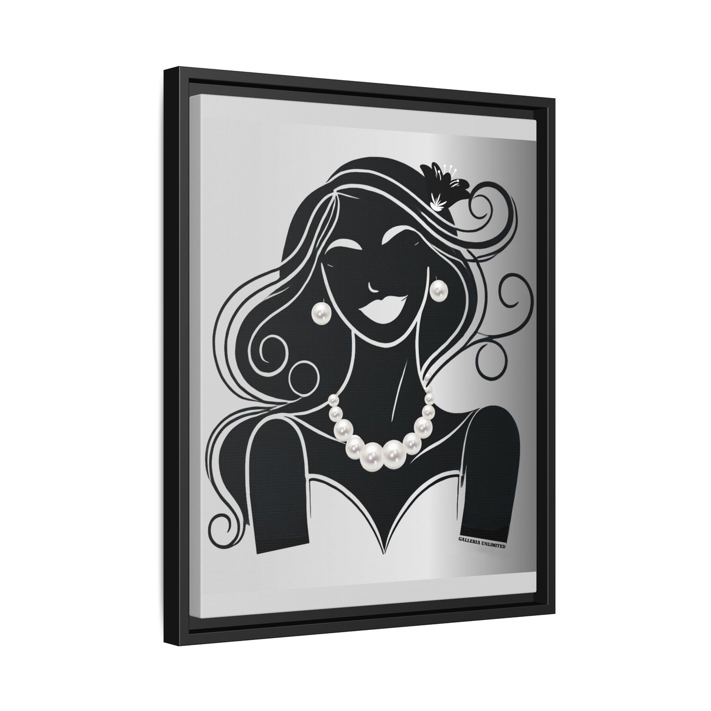Pearls & Curls 1 | Black and White Framed Matte Canvas Wall Art