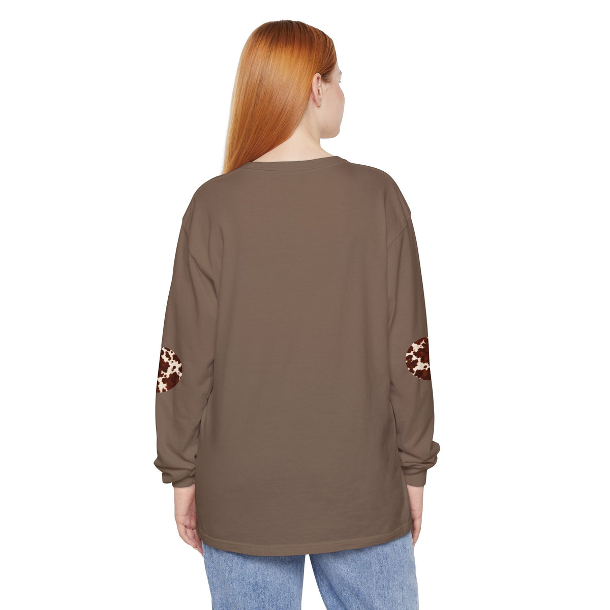 Cow| Brown & Cream Cowhide Circle Patch Long Sleeve Tee (Elbow Accents), multiple colors