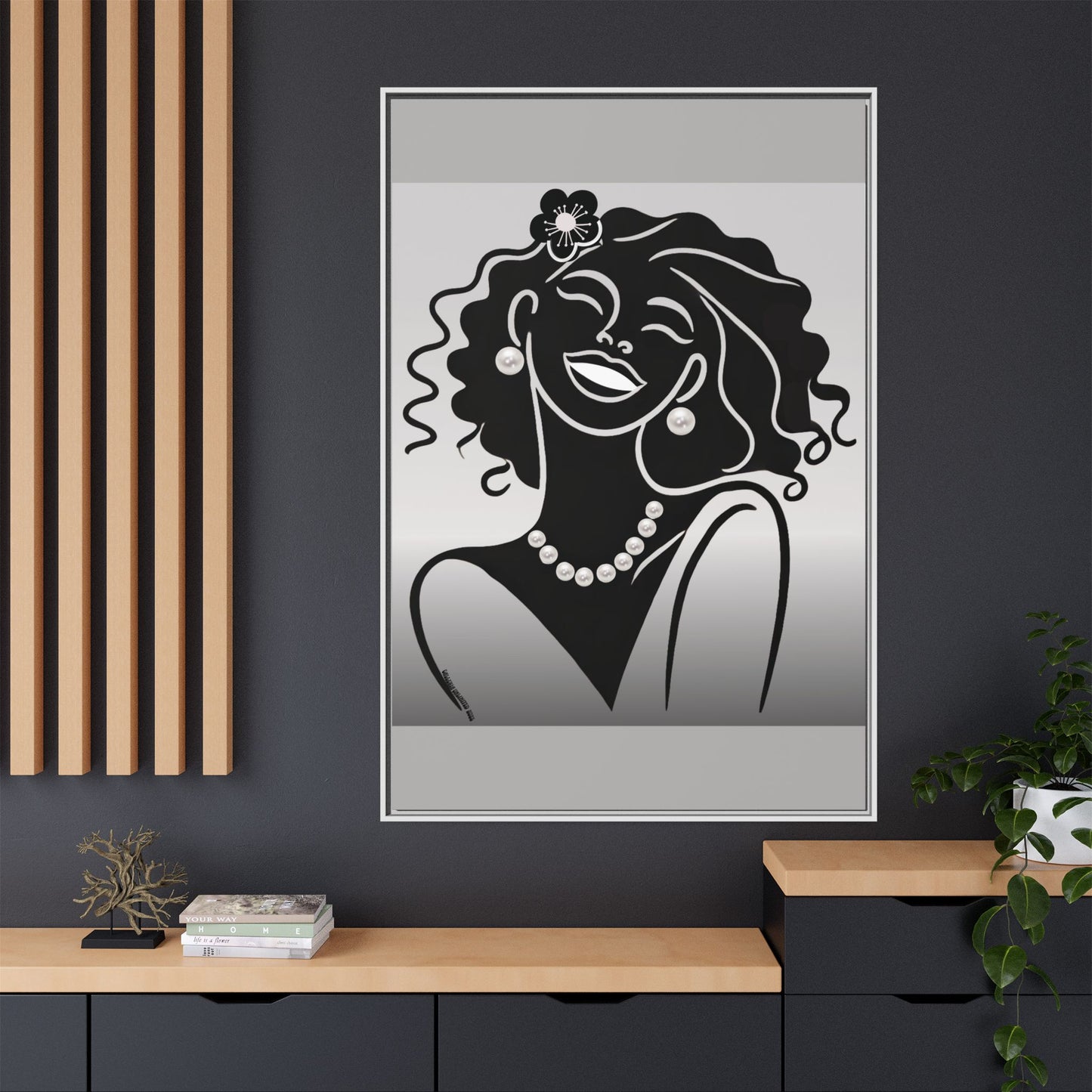 Pearls & Curls2 | Black and White - Framed Matte Canvas Art (black or white frame)