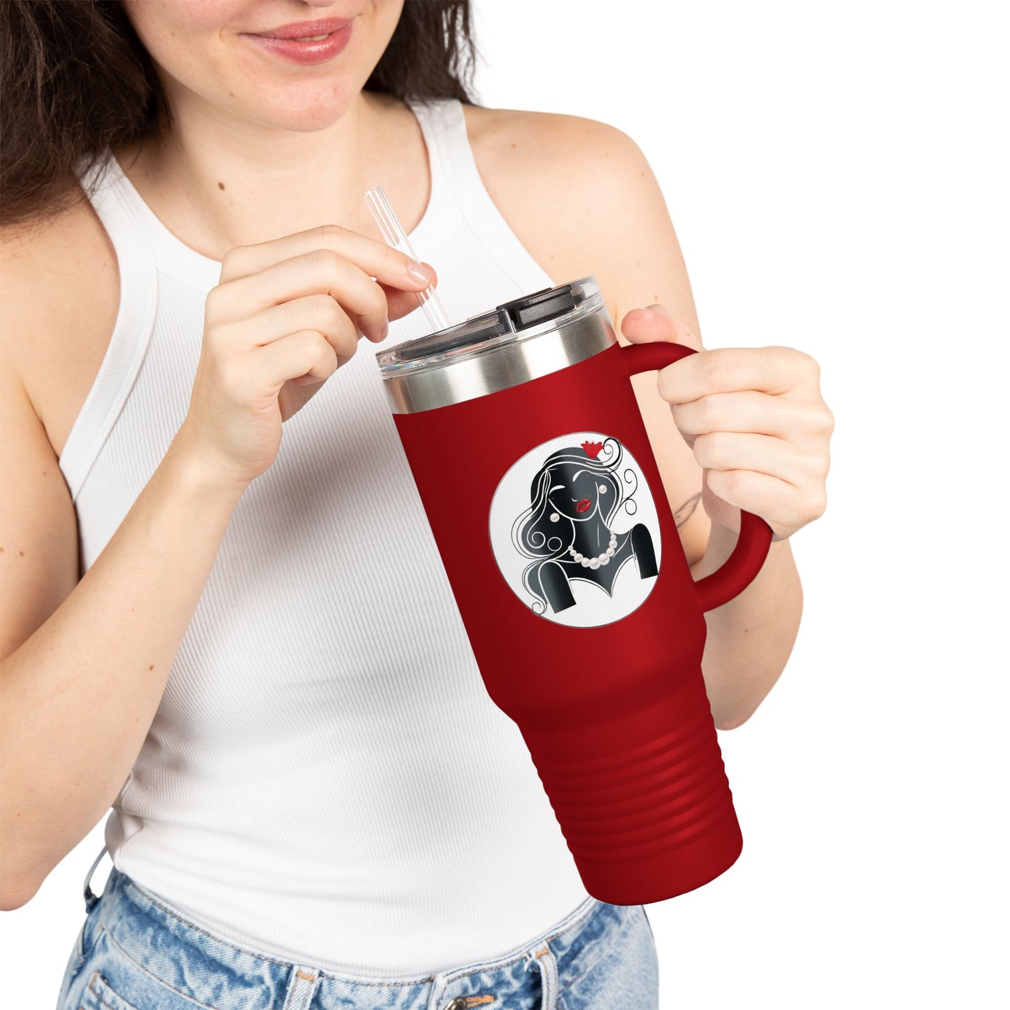 Pearls & Curls1 | Ruby Lips - Insulated Travel Mug, 40oz (black, white, or red)
