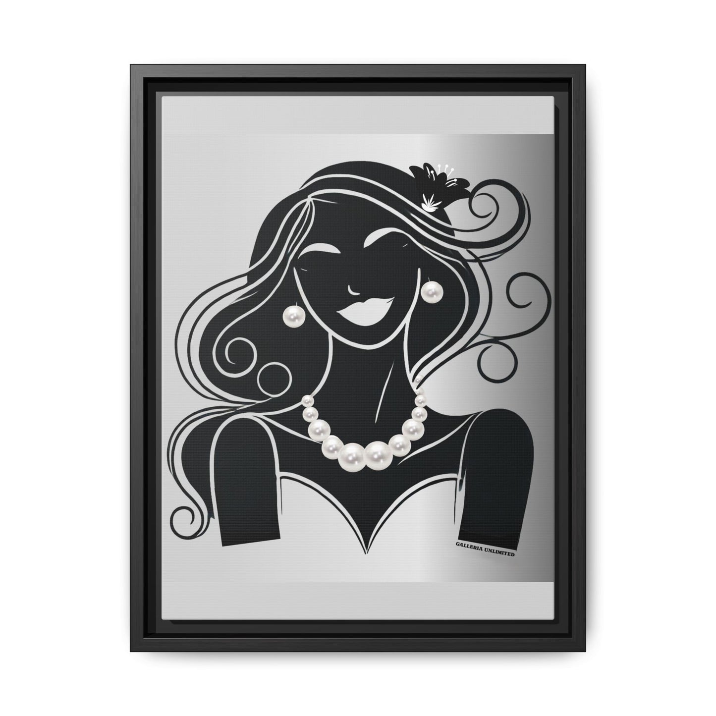 Pearls & Curls 1 | Black and White Framed Matte Canvas Wall Art