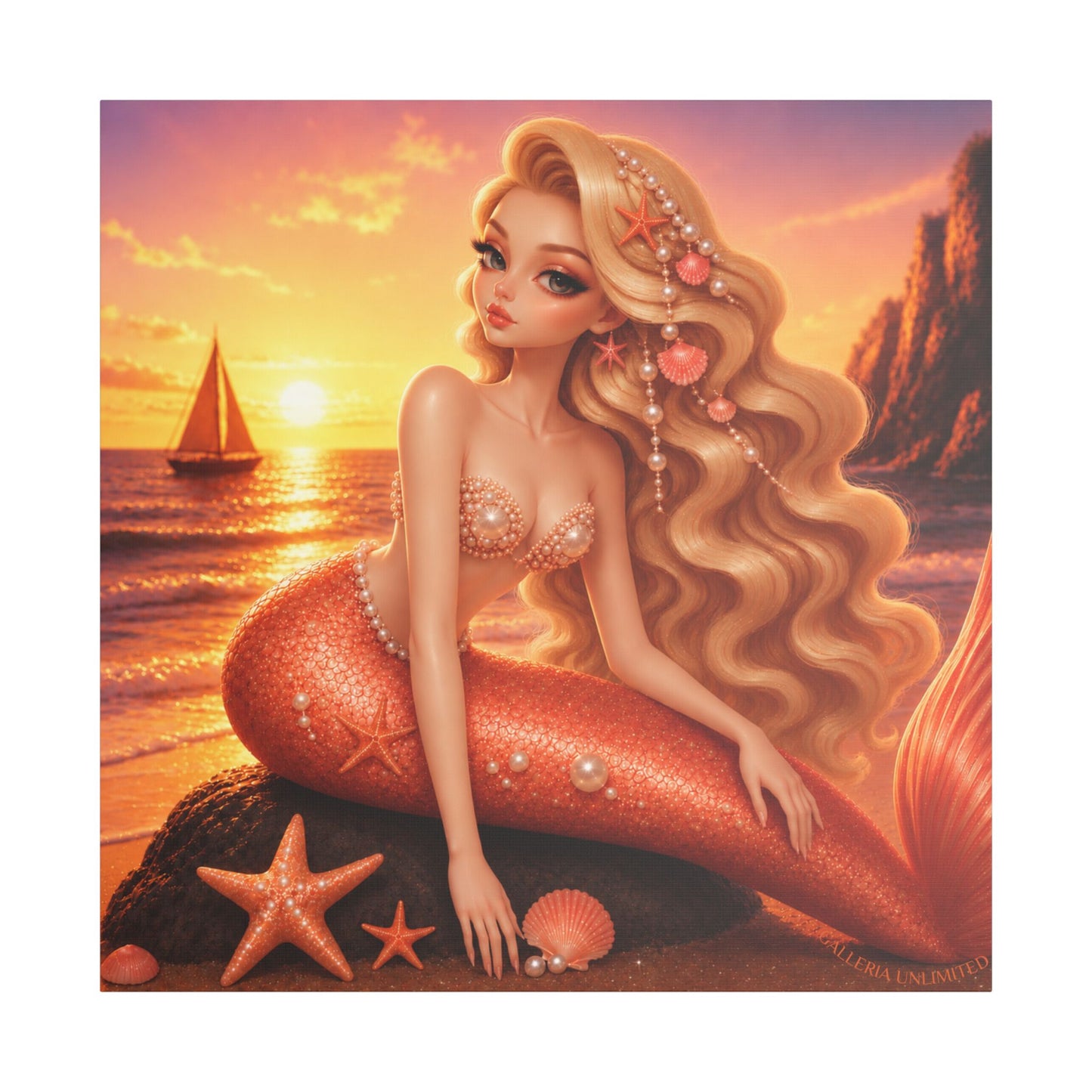 Sirens of the Gilded Sea | Golden Seaside, Satin Stretched Canvas Print