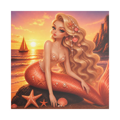 Sirens of the Gilded Sea | Golden Seaside, Satin Stretched Canvas Print