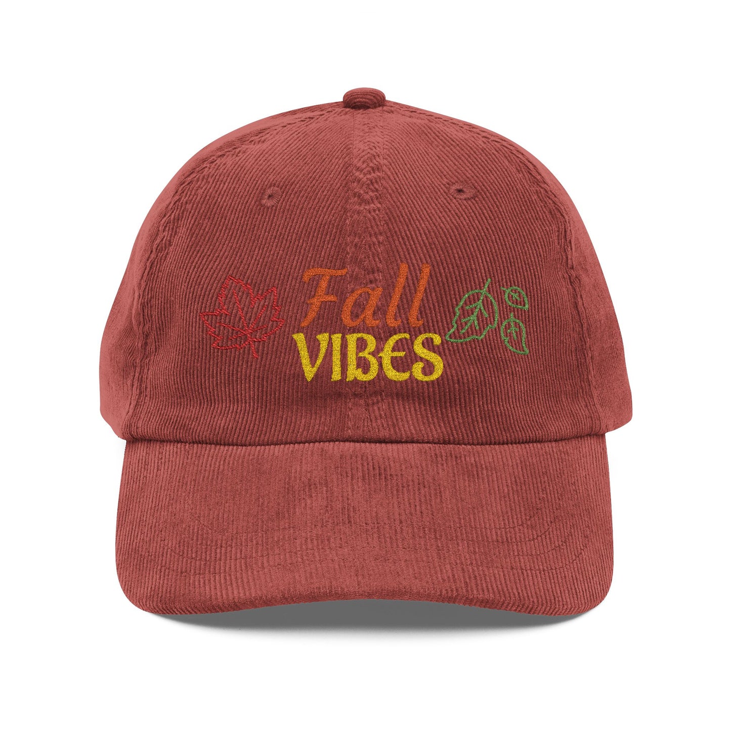 Harvest Haze | 'Fall Vibes' Embroidered Corduroy Cap - Autumn Leaf Baseball Hat