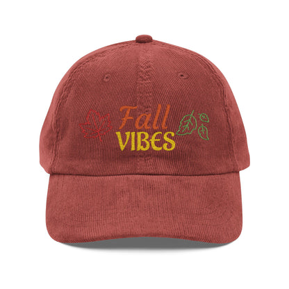 Harvest Haze | 'Fall Vibes' Embroidered Corduroy Cap - Autumn Leaf Baseball Hat