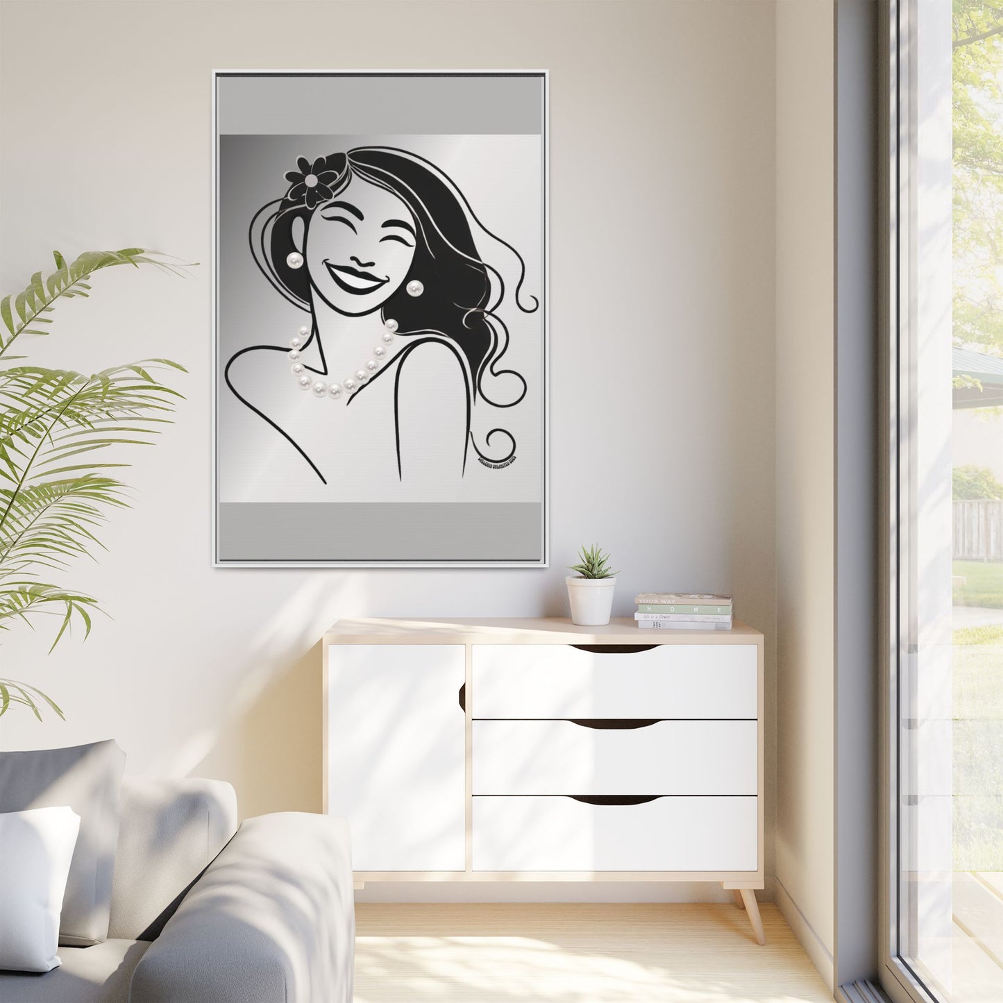 Pearls & Curls3 | Black and White - Framed Matte Canvas Art (black or white frame)