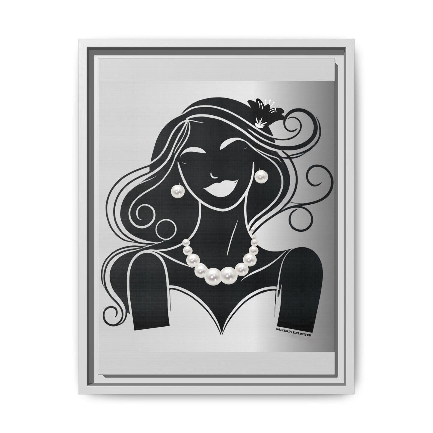 Pearls & Curls 1 | Black and White Framed Matte Canvas Wall Art