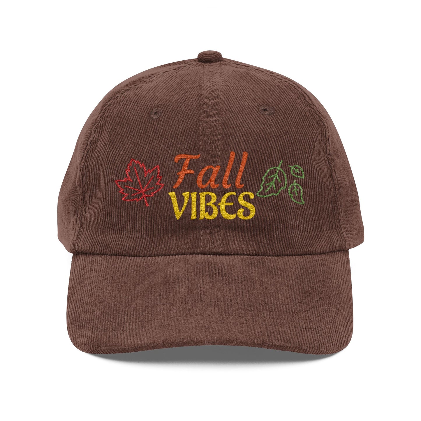 Harvest Haze | 'Fall Vibes' Embroidered Corduroy Cap - Autumn Leaf Baseball Hat