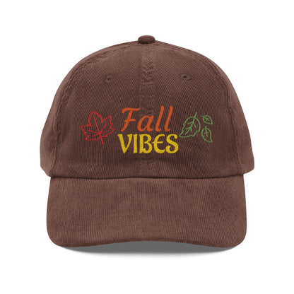 Harvest Haze | 'Fall Vibes' Embroidered Corduroy Cap - Autumn Leaf Baseball Hat