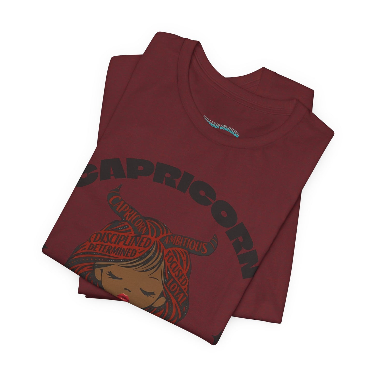 Capricorn | Word Art Graphic Tee (garnet) -- "Capricorn" Definition on Back