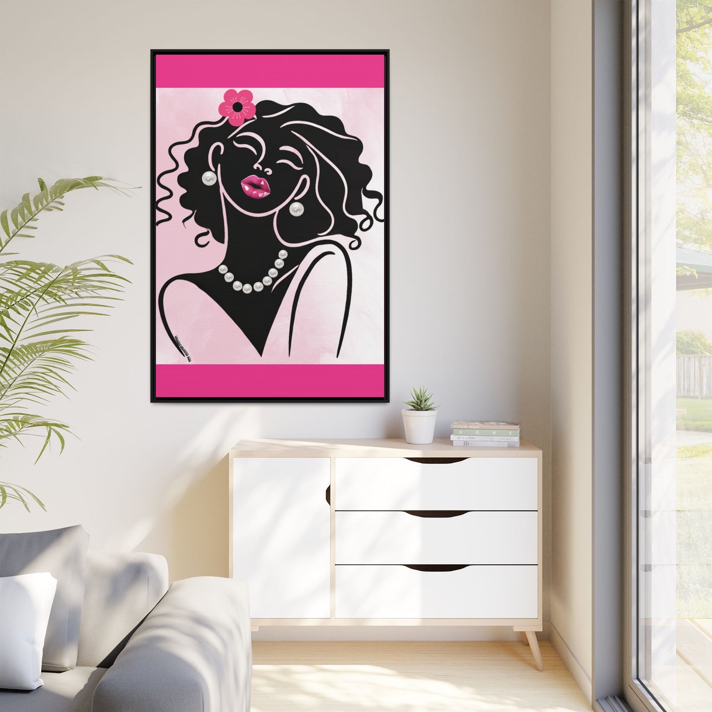 Pearls & Curls2 | Pink Pout - Framed Matte Canvas Art (black or white frame)