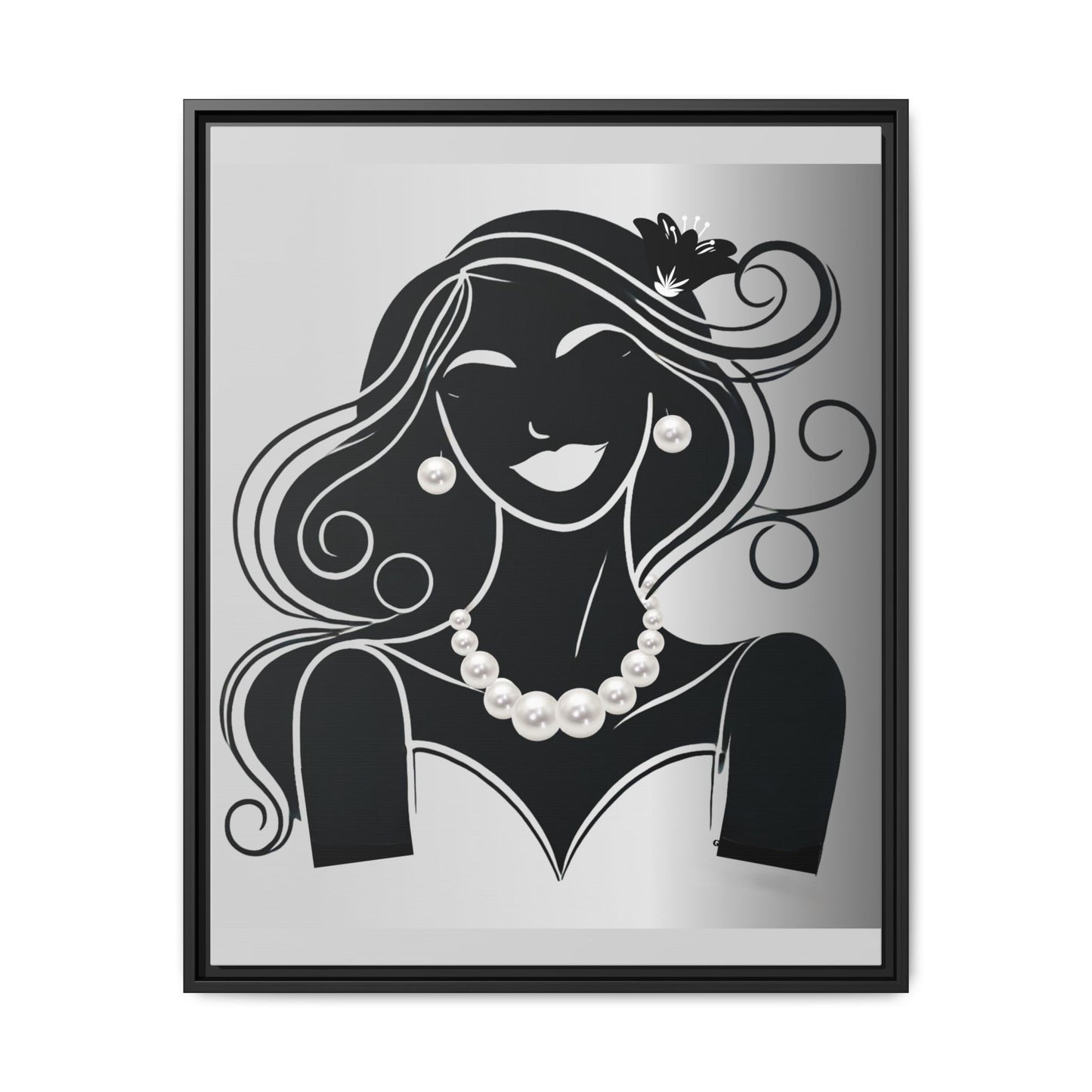 Pearls & Curls 1 | Black and White Framed Matte Canvas Wall Art