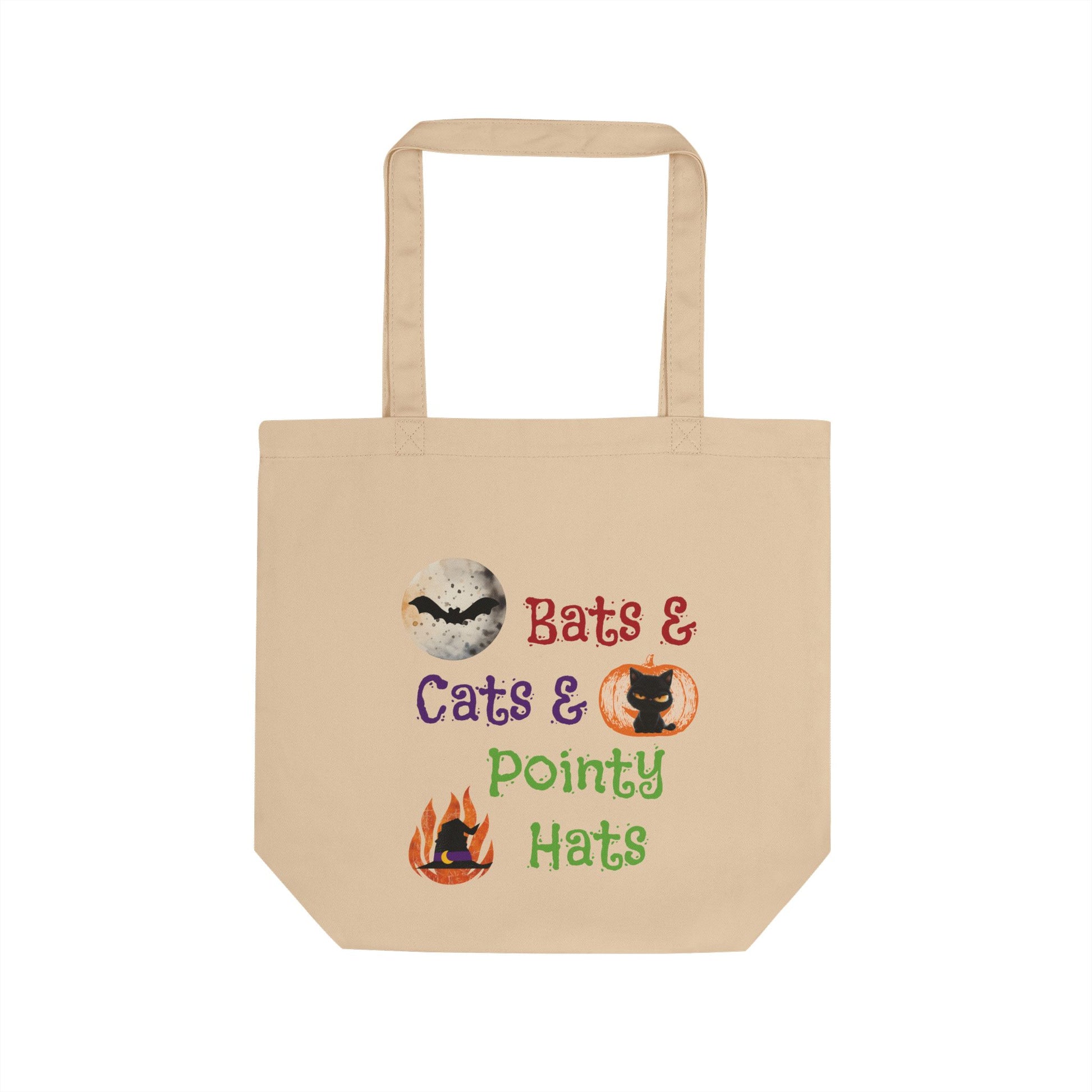 Beige tote bag with Halloween-themed text and graphics on a white background