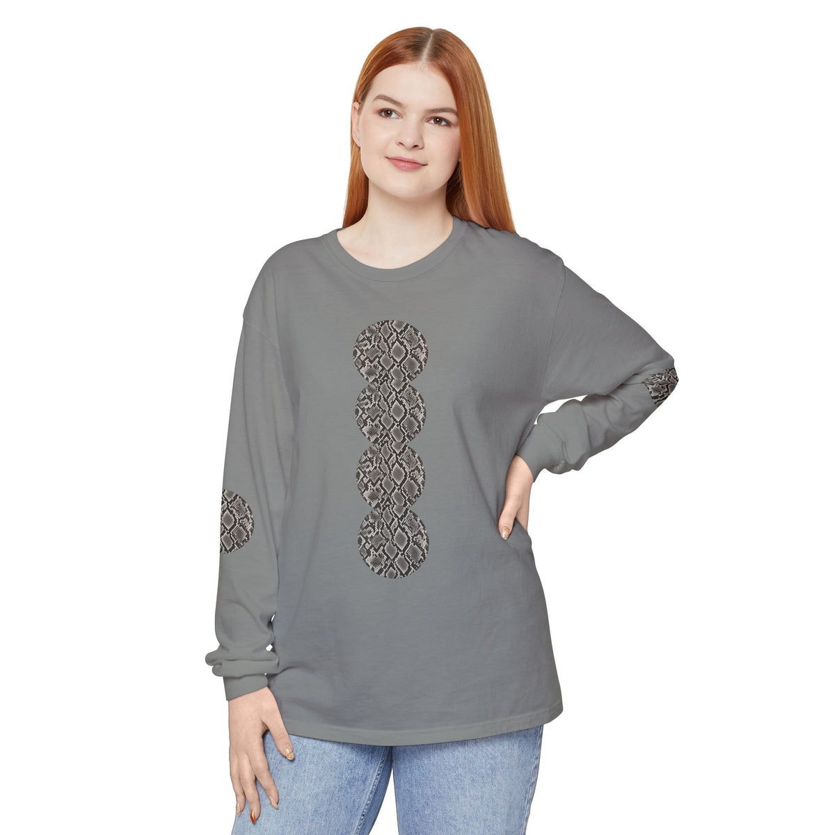Snake | Grey Snakeskin Circle Patches Long Sleeve T-Shirt (Elbow Accents), multiple shades