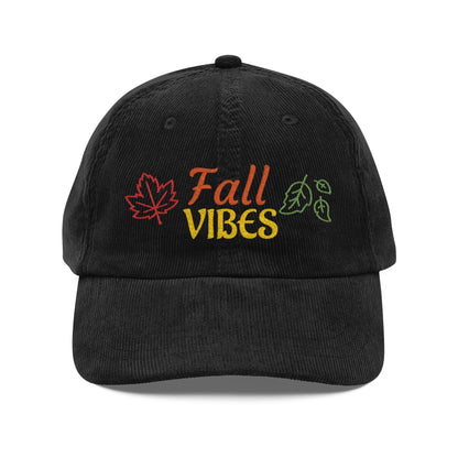 Harvest Haze | 'Fall Vibes' Embroidered Corduroy Cap - Autumn Leaf Baseball Hat