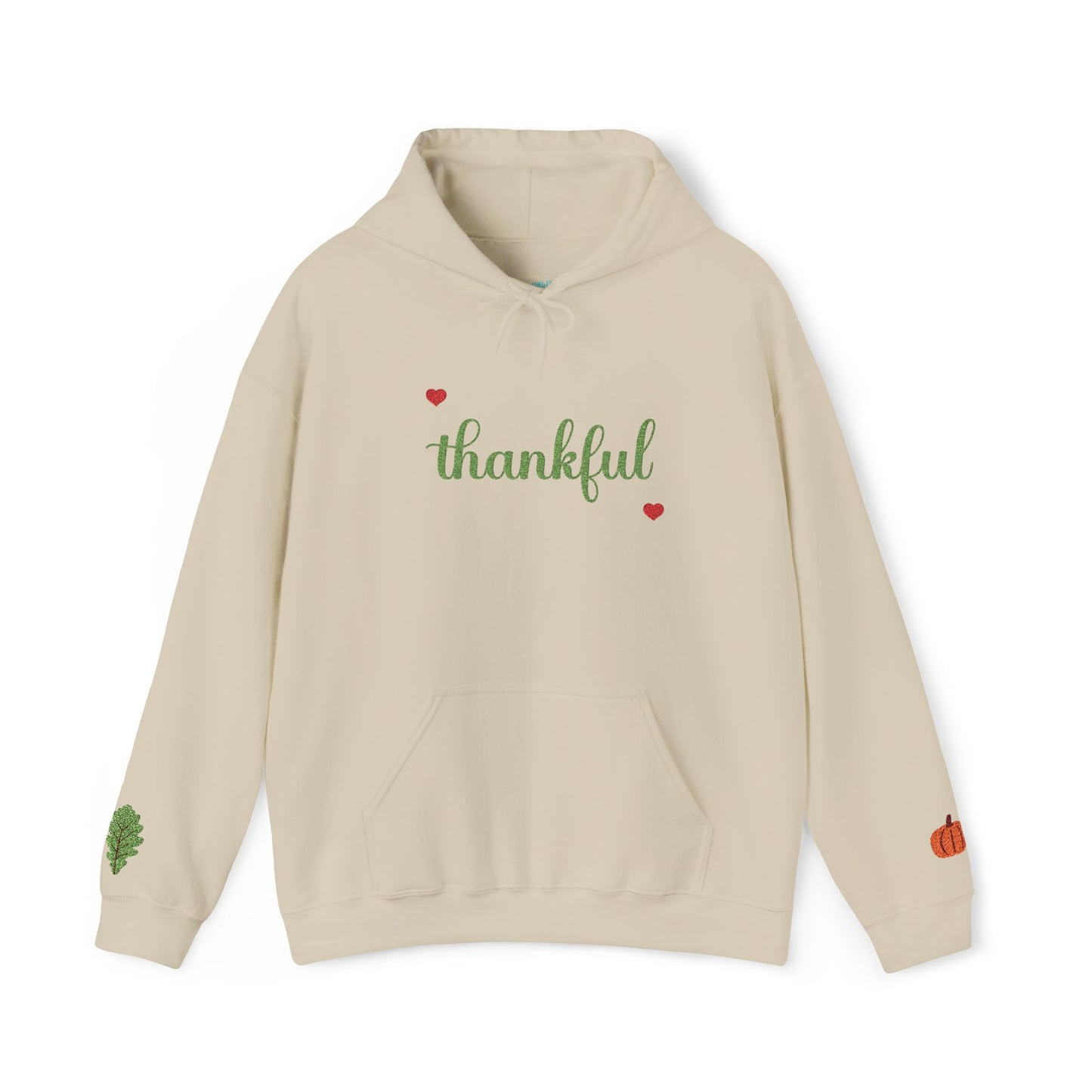 The Thankful Edit1 |Light Green Embroidered Thankful Hoodie, red hearts (multiple colors)