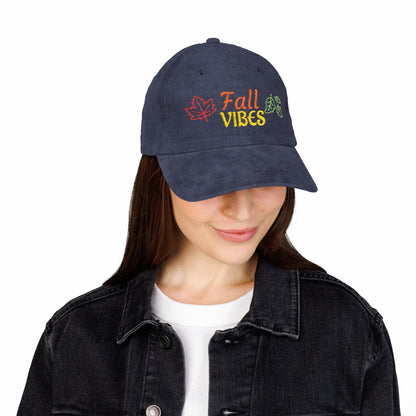Harvest Haze | 'Fall Vibes' Embroidered Corduroy Cap - Autumn Leaf Baseball Hat