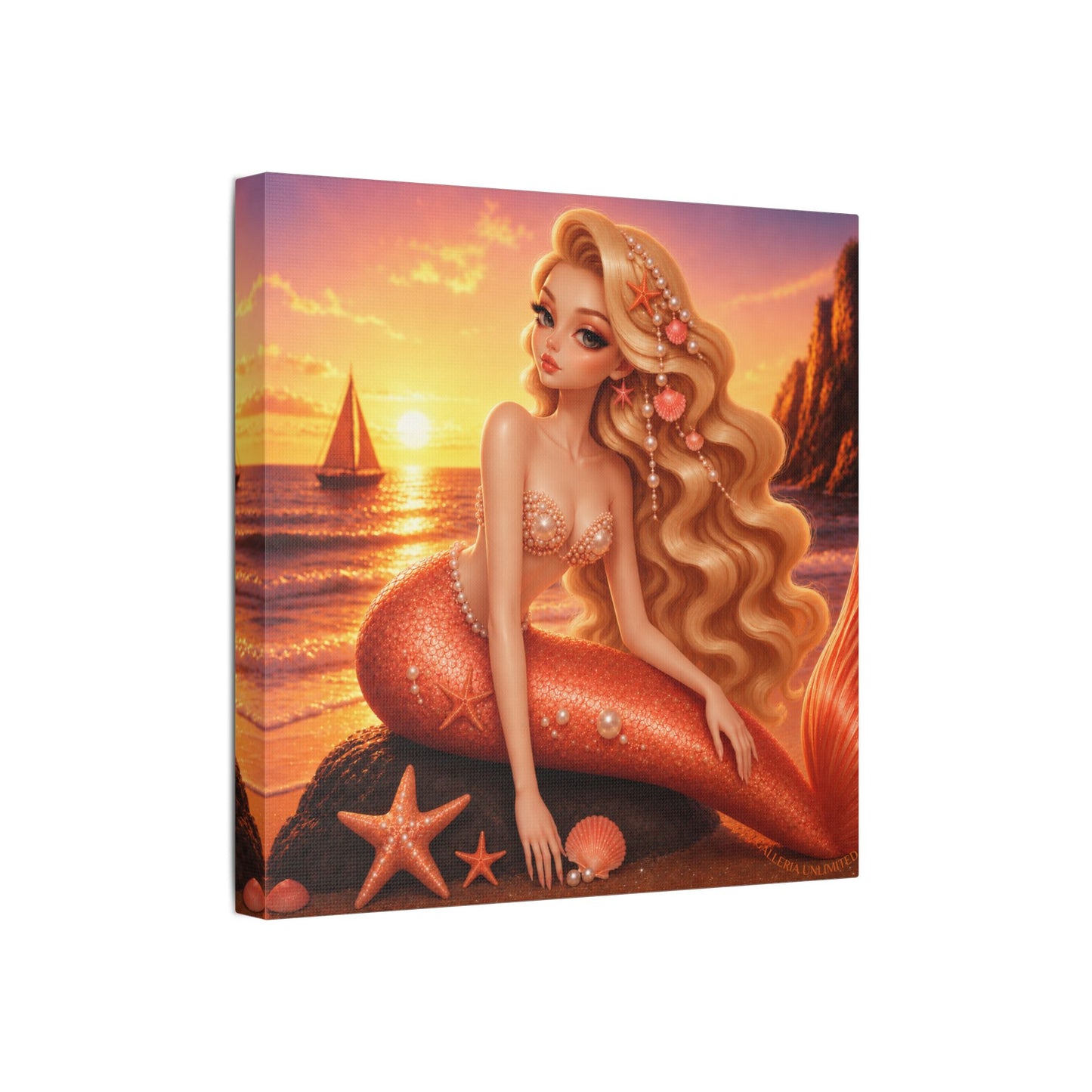 Sirens of the Gilded Sea | Golden Seaside, Satin Stretched Canvas Print