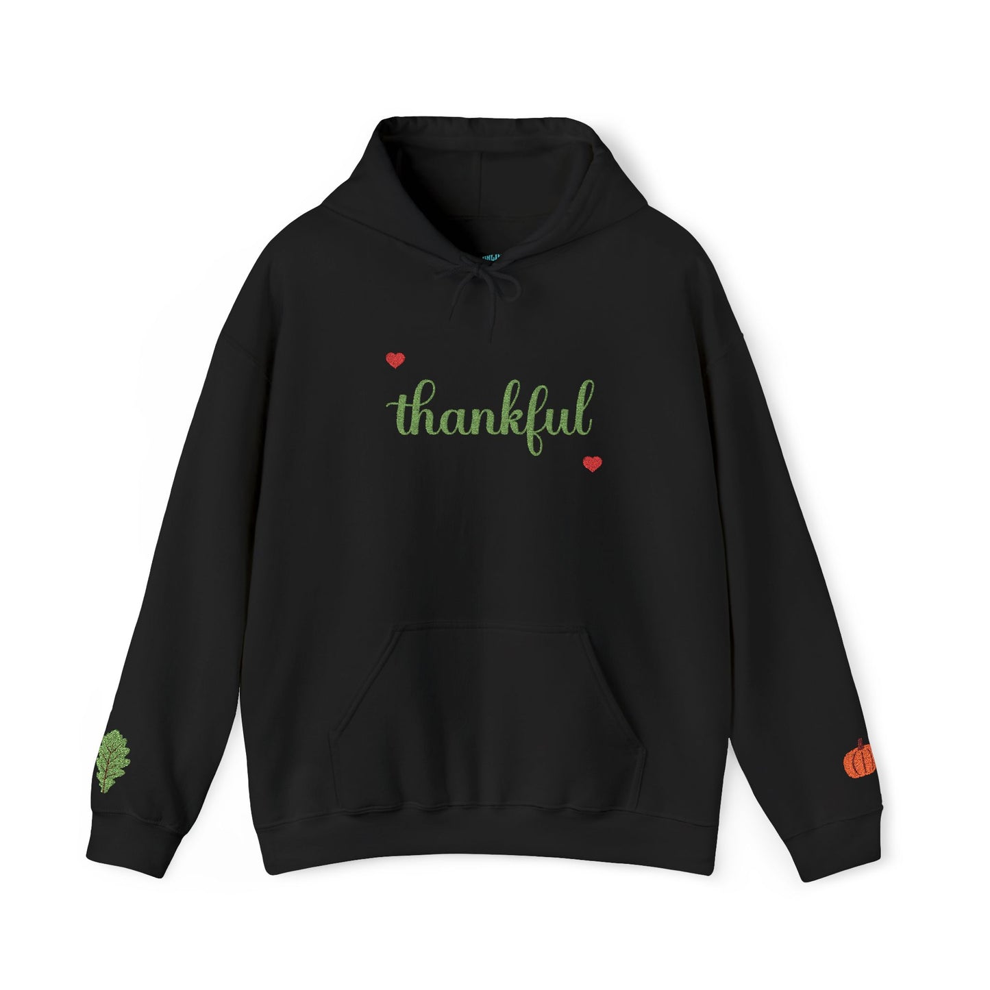 The Thankful Edit1 |Light Green Embroidered Thankful Hoodie, red hearts (multiple colors)