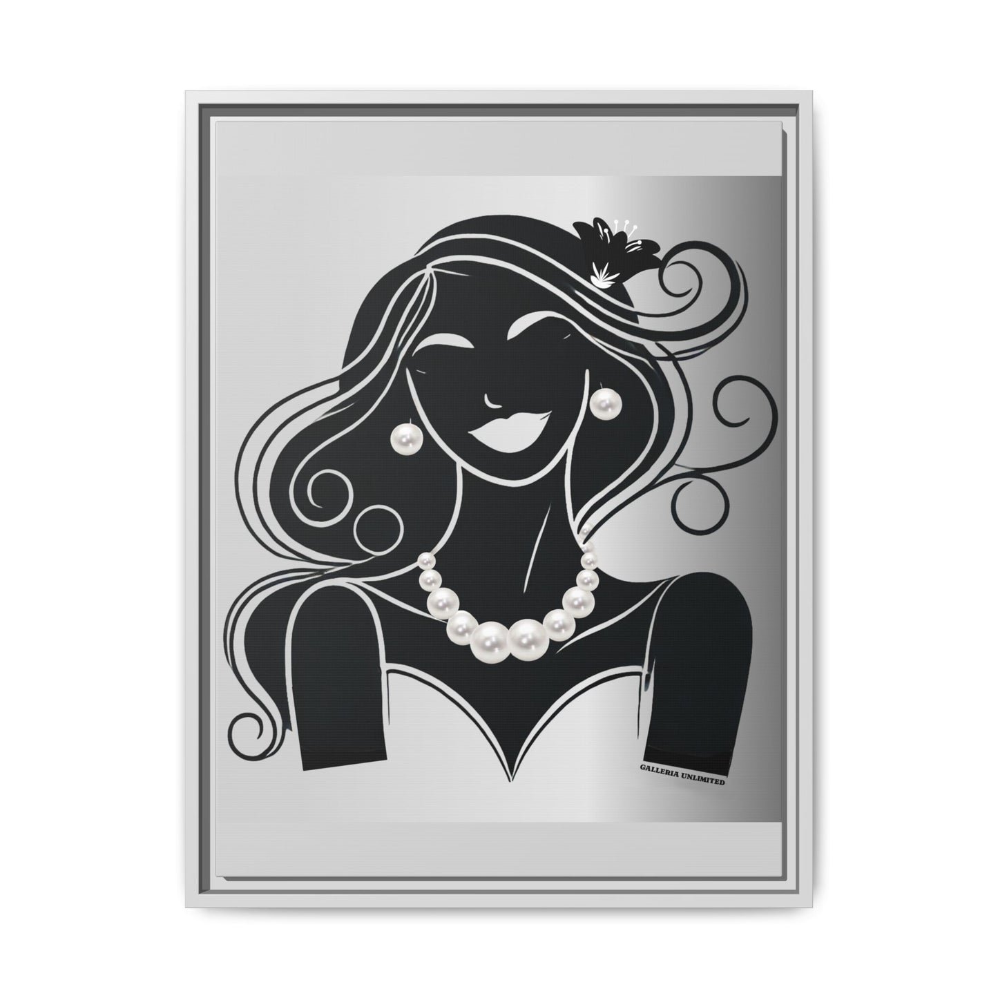 Pearls & Curls 1 | Black and White Framed Matte Canvas Wall Art
