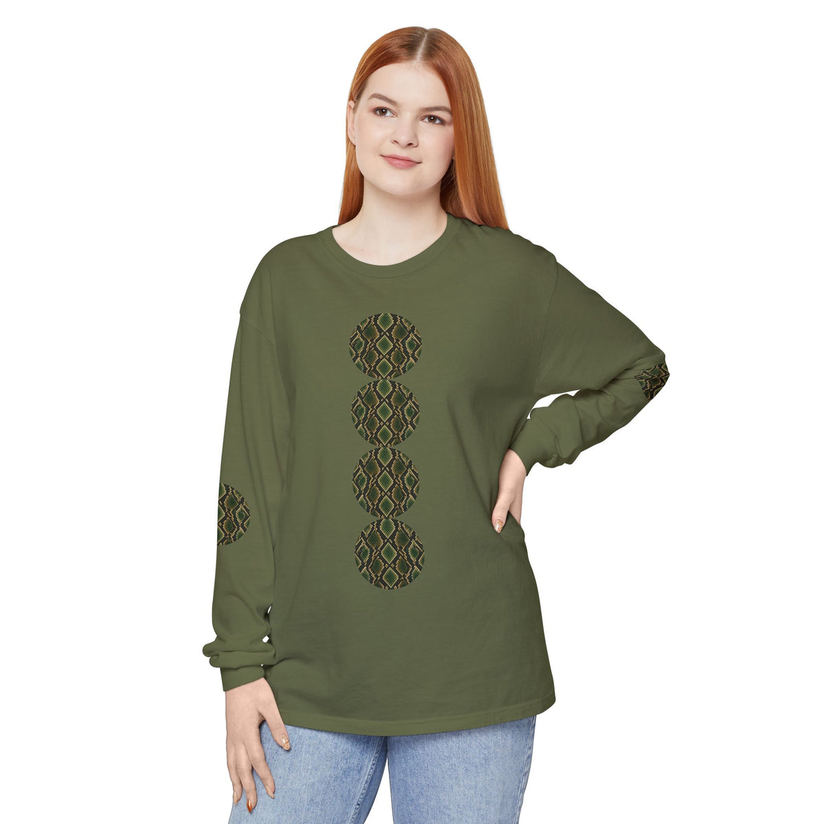 Snake | Olive Snakeskin Circle Patches Long Sleeve Tee (Elbow Accents), multiple shades