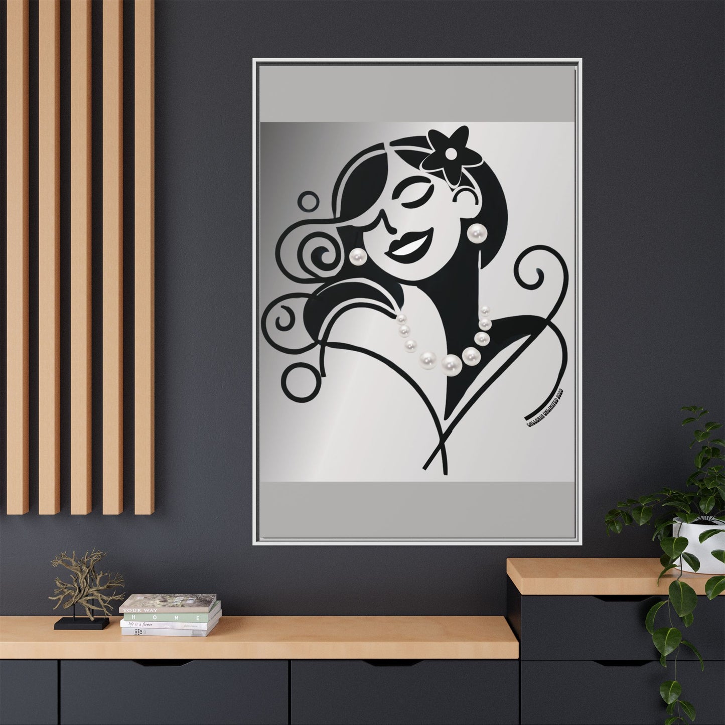 Pearls & Curls4 | Black and White - Framed Matte Canvas Art (black or white frame)