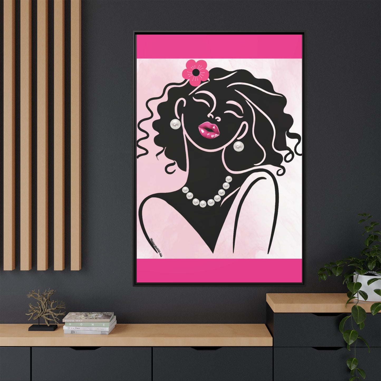 Pearls & Curls2 | Pink Pout - Framed Matte Canvas Art (black or white frame)