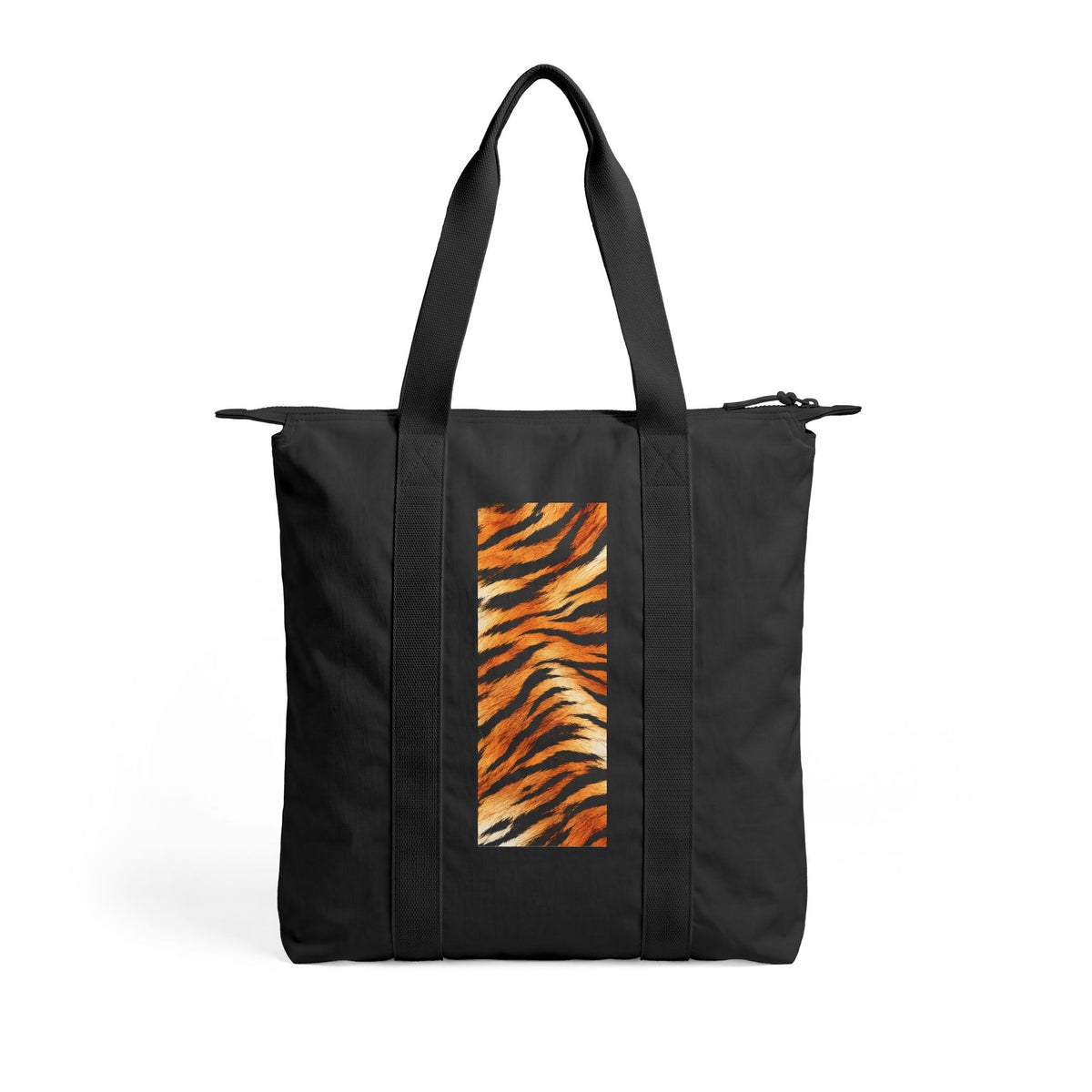 Tiger | Tiger Print Nomad Tote Bag — Zip-Top Carry-All Travel Tote (black or beige)