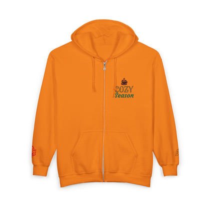 Harvest Haze | 'Cozy Season' Zip Hoodie — Autumn Coffee & Leaves Full-Zip Sweatshirt