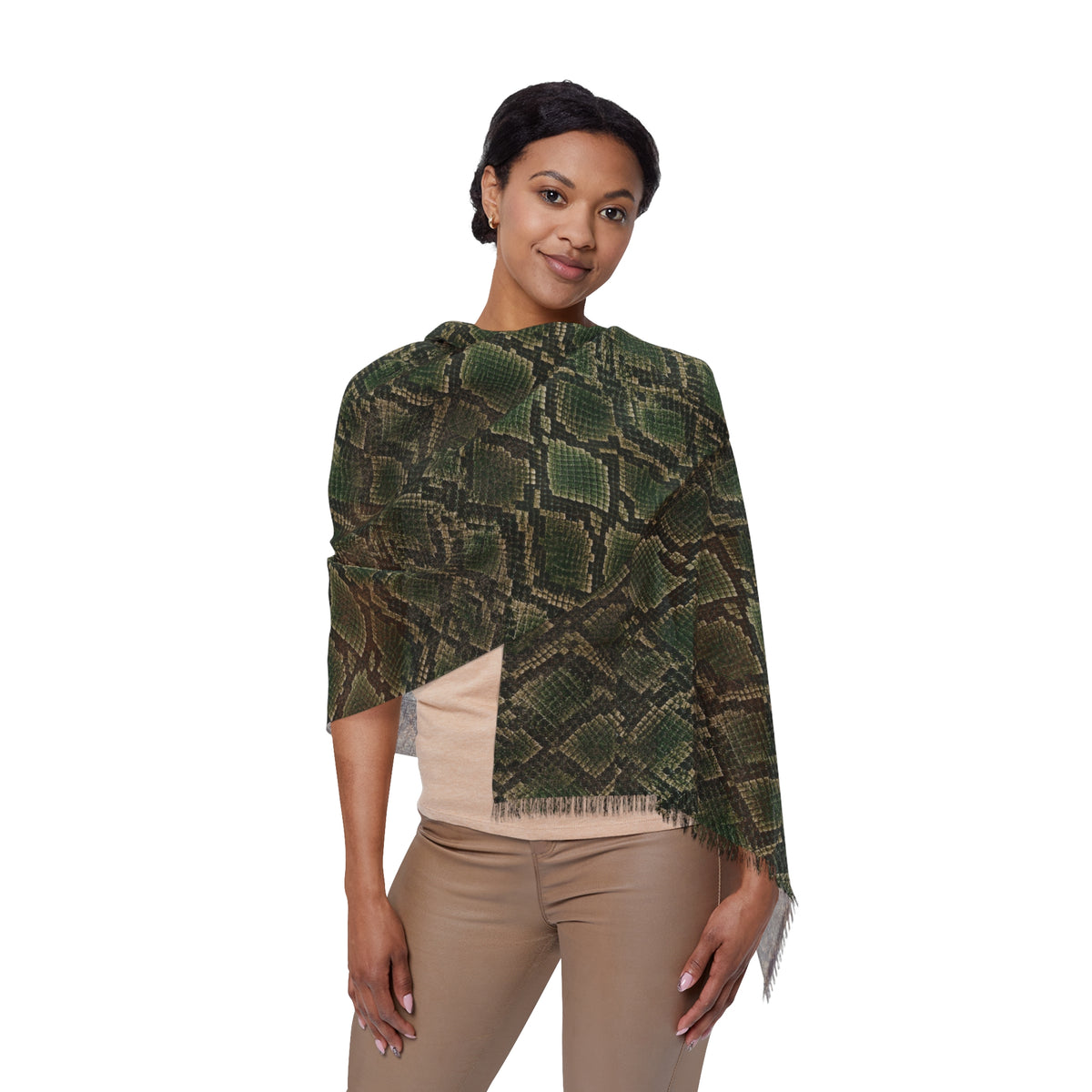 Snake | Olive Snakeskin Light Scarf — Sheer Lightweight Animal Pattern Fashion Scarf