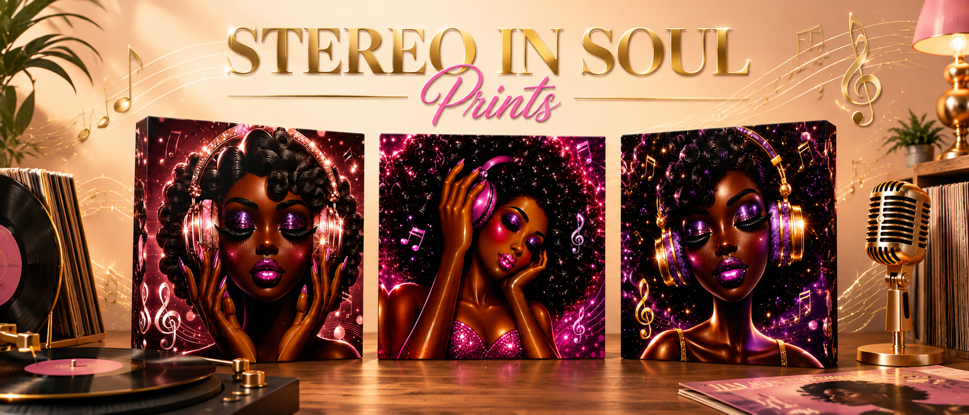 Three vertical canvas wall art prints displayed side-by-side on a wooden table, featuring stylized portraits of a woman with headphones in purple and pink tones. The background shows a warm, retro-themed room with a turntable, a vintage microphone, and the text 'STEREO IN SOUL Prints' at the top.