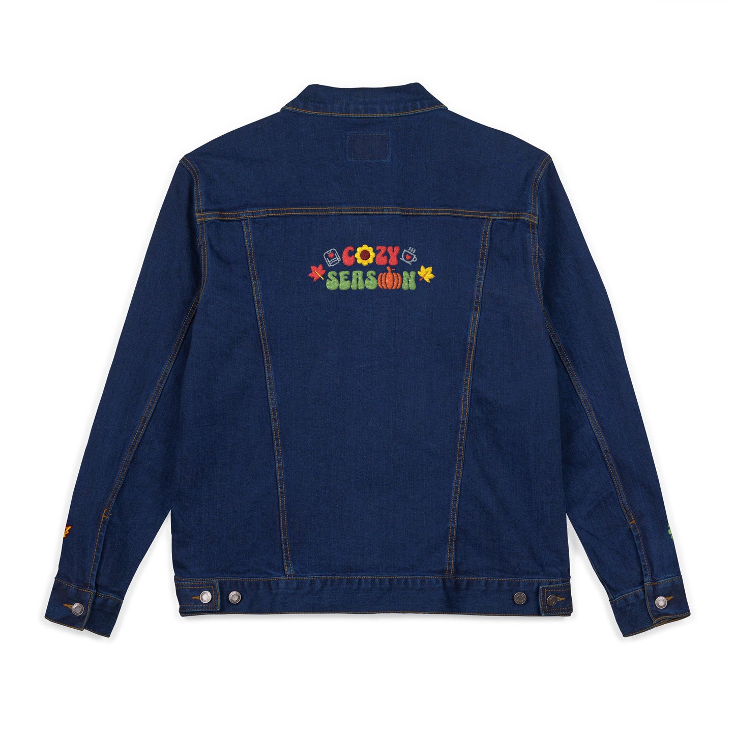 Blue denim jacket with Cozy Season embroidered text on the back 