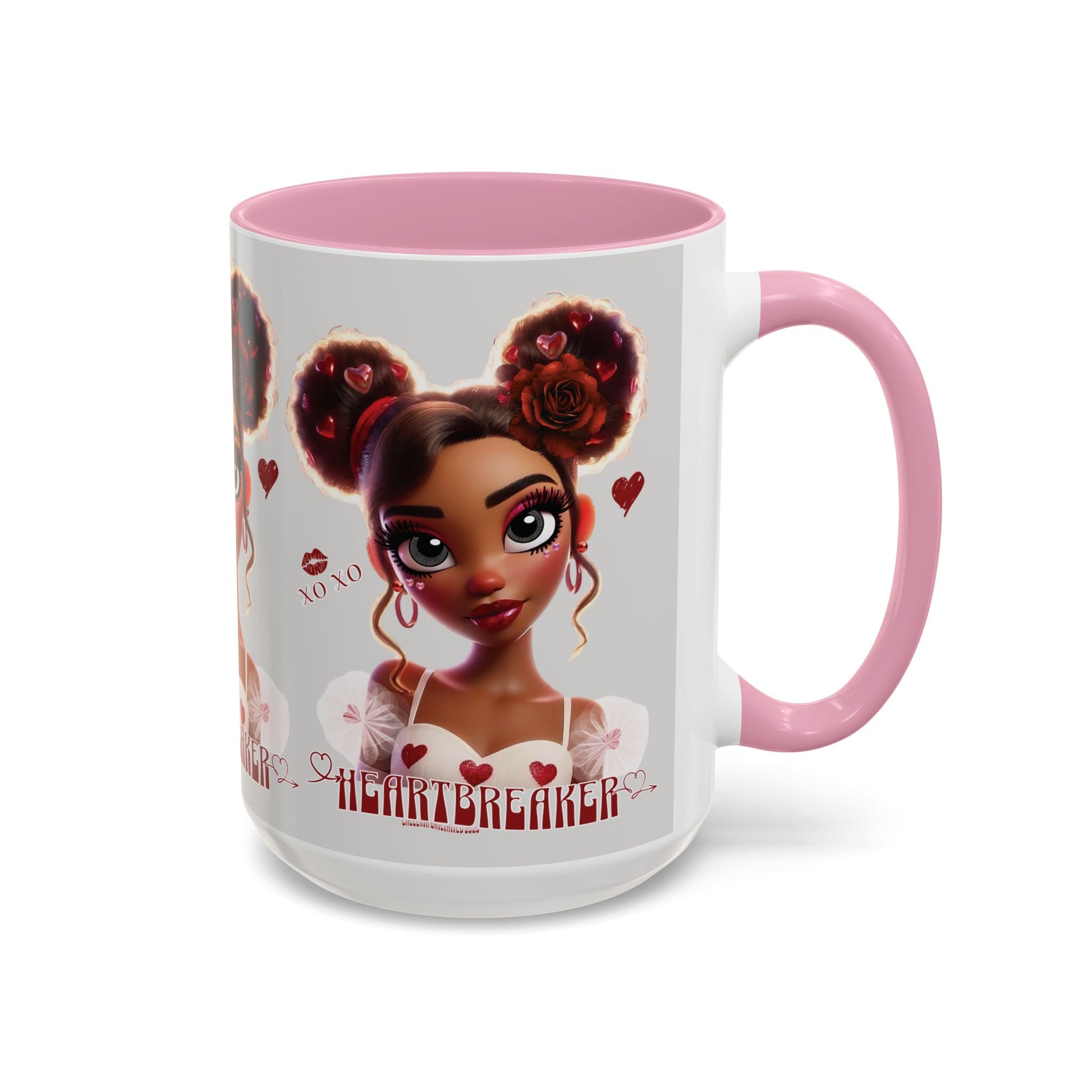 A two-tone ceramic coffee mug with a white body and pink handle, featuring a character with heart-shaped eyes and the text 'HEARTBREAKER'.